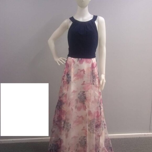 SLNY - 9141152 LONG HALTER Solid BODICE FLORAL A-LINE Dress NWT Navy Purple Pink - Picture 11 of 12